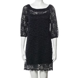 Diane Von Furstenberg Dress Womens Size 4 Mini Lace Black Sheer 3/4 Sleeves